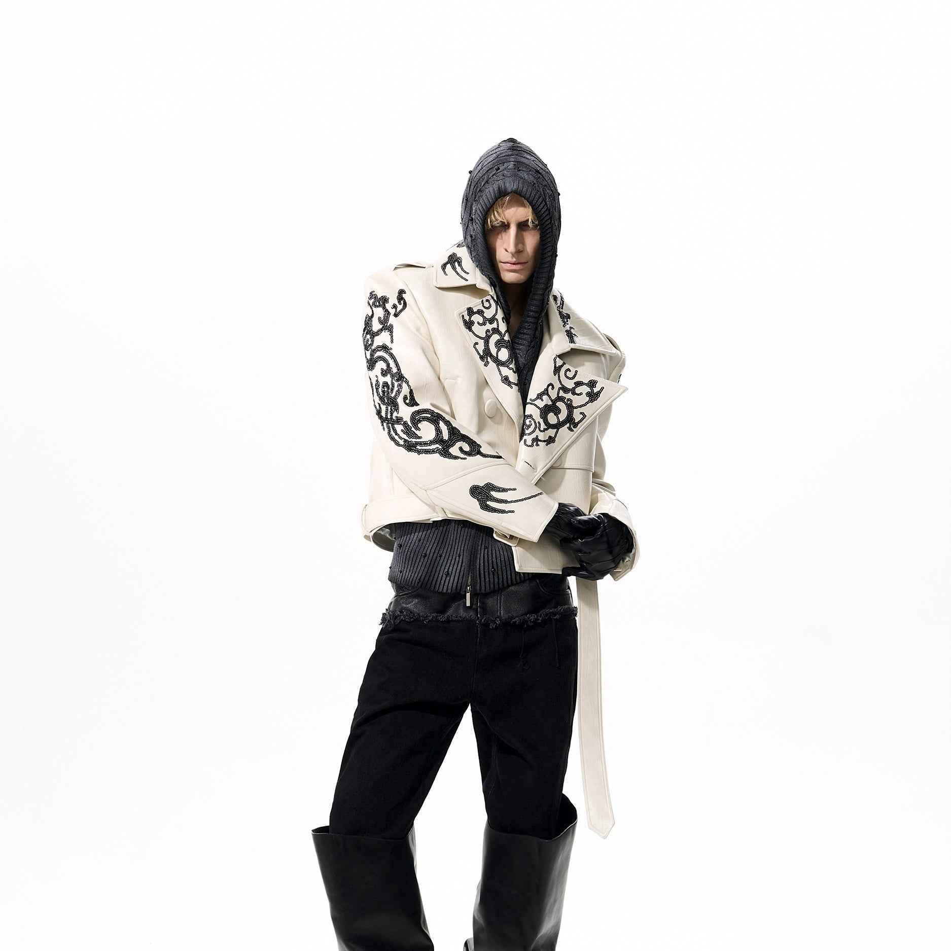 Sequins Cropped Leather Coat For Men And Women null