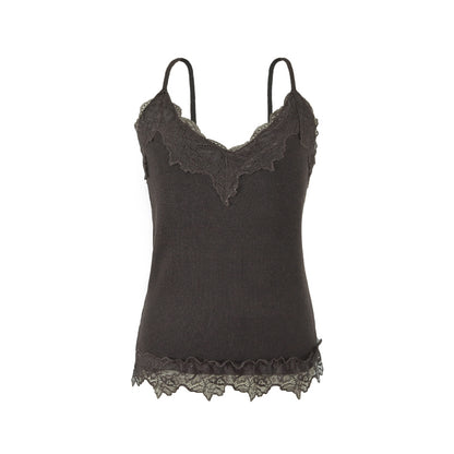 Reversible Wool Blend Camisole with Scalloped Lace Trim Soft Spring Innerwear Top Coffee