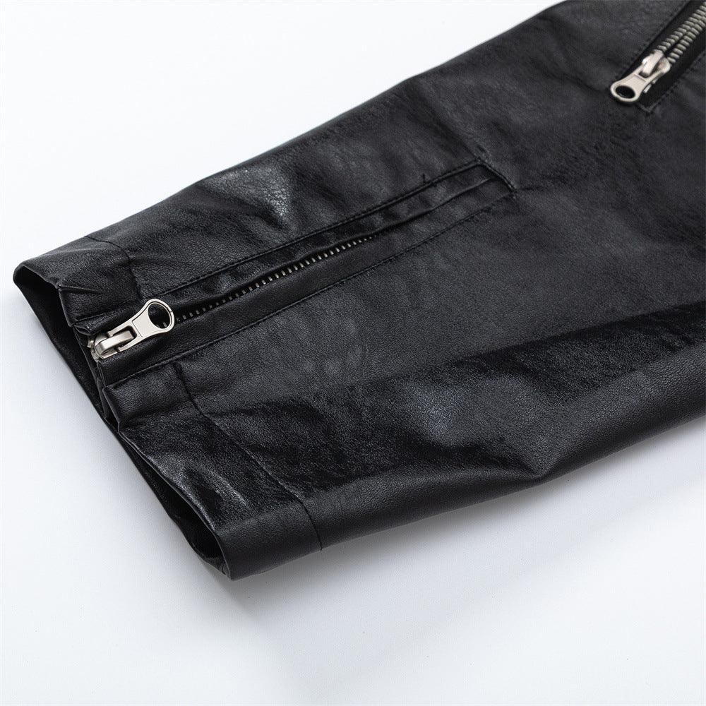 European And American Style Stitching PU Leather Sleeve Denim Jacket For Women null