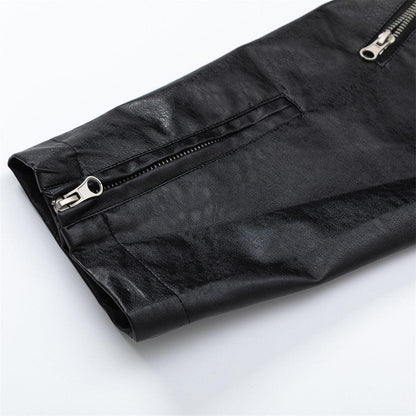 European And American Style Stitching PU Leather Sleeve Denim Jacket For Women null