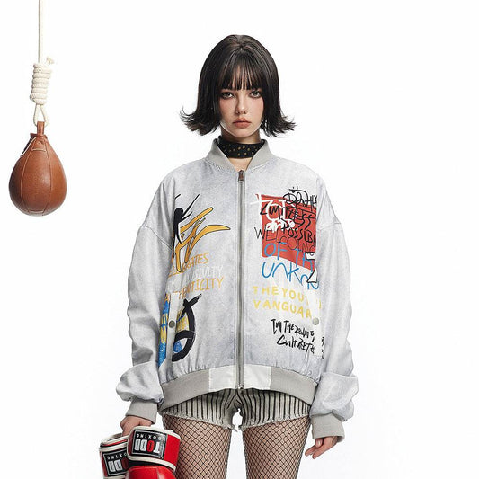 Printed Graffiti Letter Pilot Jacket For Women MuddyStock