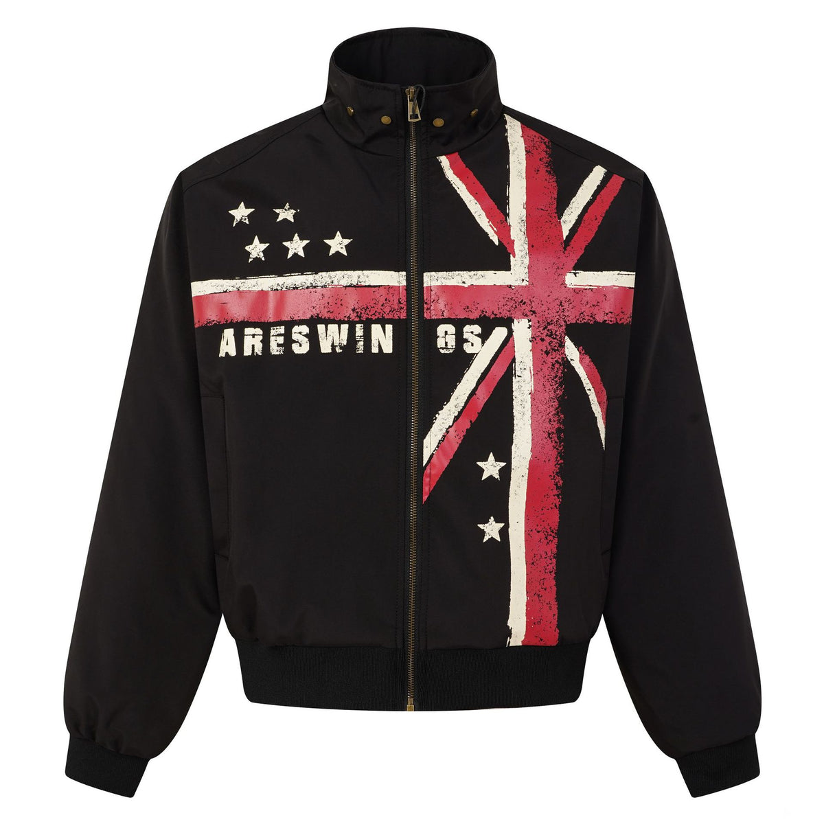 Men's Distressed Flag Letter Star Print Zip-Up Stand Collar Jacket | MuddyStock Originals Black