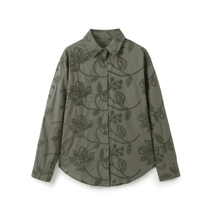 Simple and versatile loose embroidered shirt for women | MuddyStock Originals green MuddyStock