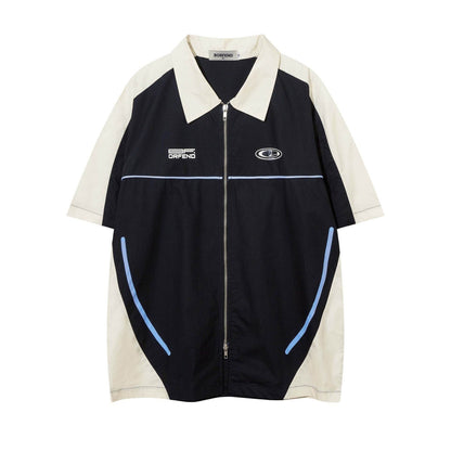 High Street Matching Letters Printing Lapel Short Sleeve Shirt For Men Black MuddyStock