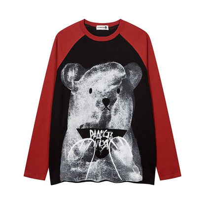 Cartoon Bear Print Color Contrast Long Sleeve T-shirt For Women null