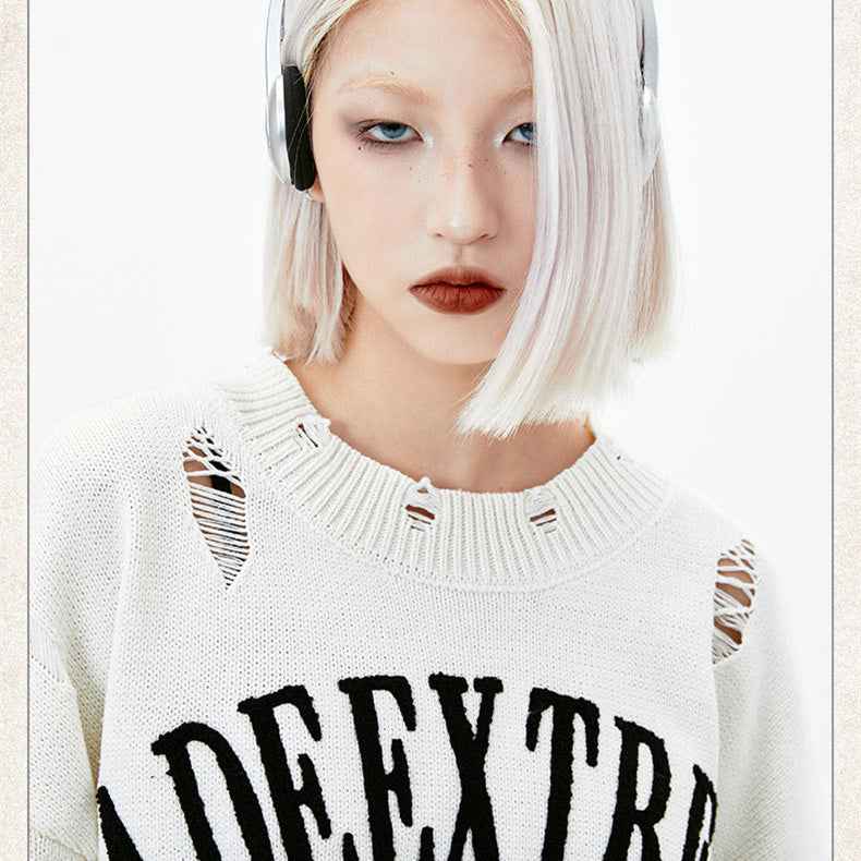 Letter Idle Style Wormhole Damaged Knitted Sweater For Men And Women MuddyStock