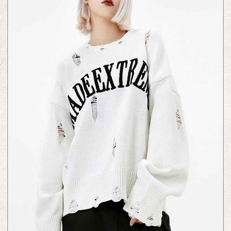 Letter Idle Style Wormhole Damaged Knitted Sweater For Men And Women MuddyStock
