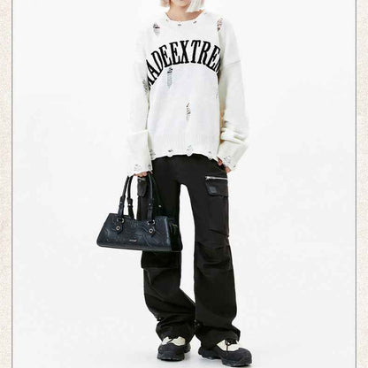 Letter Idle Style Wormhole Damaged Knitted Sweater For Men And Women MuddyStock