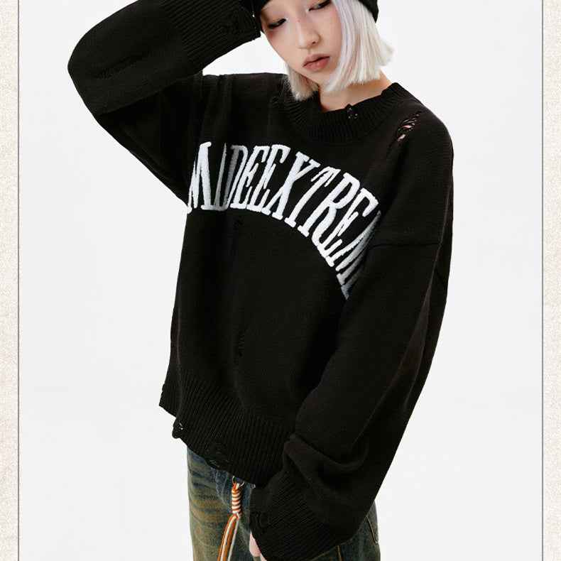 Letter Idle Style Wormhole Damaged Knitted Sweater For Men And Women MuddyStock