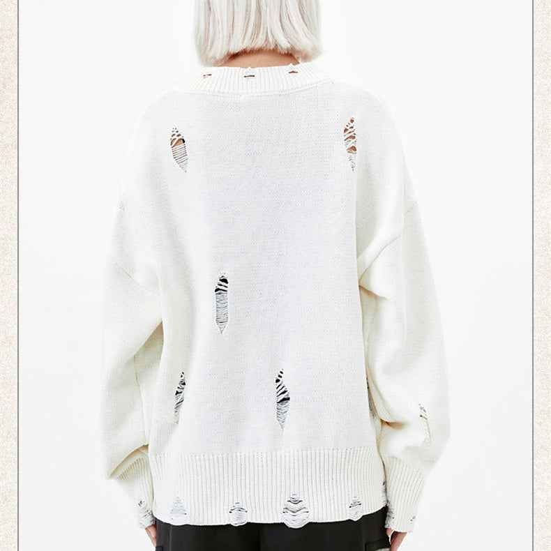 Letter Idle Style Wormhole Damaged Knitted Sweater For Men And Women MuddyStock