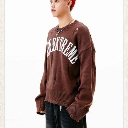 Letter Idle Style Wormhole Damaged Knitted Sweater For Men And Women MuddyStock