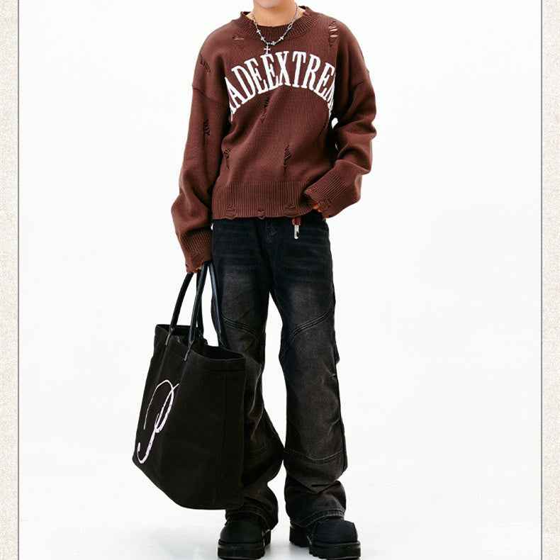 Letter Idle Style Wormhole Damaged Knitted Sweater For Men And Women MuddyStock