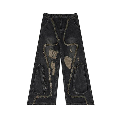 Retro Distressed Heavy Niche Deconstruction Tasseled Jeans MuddyStock