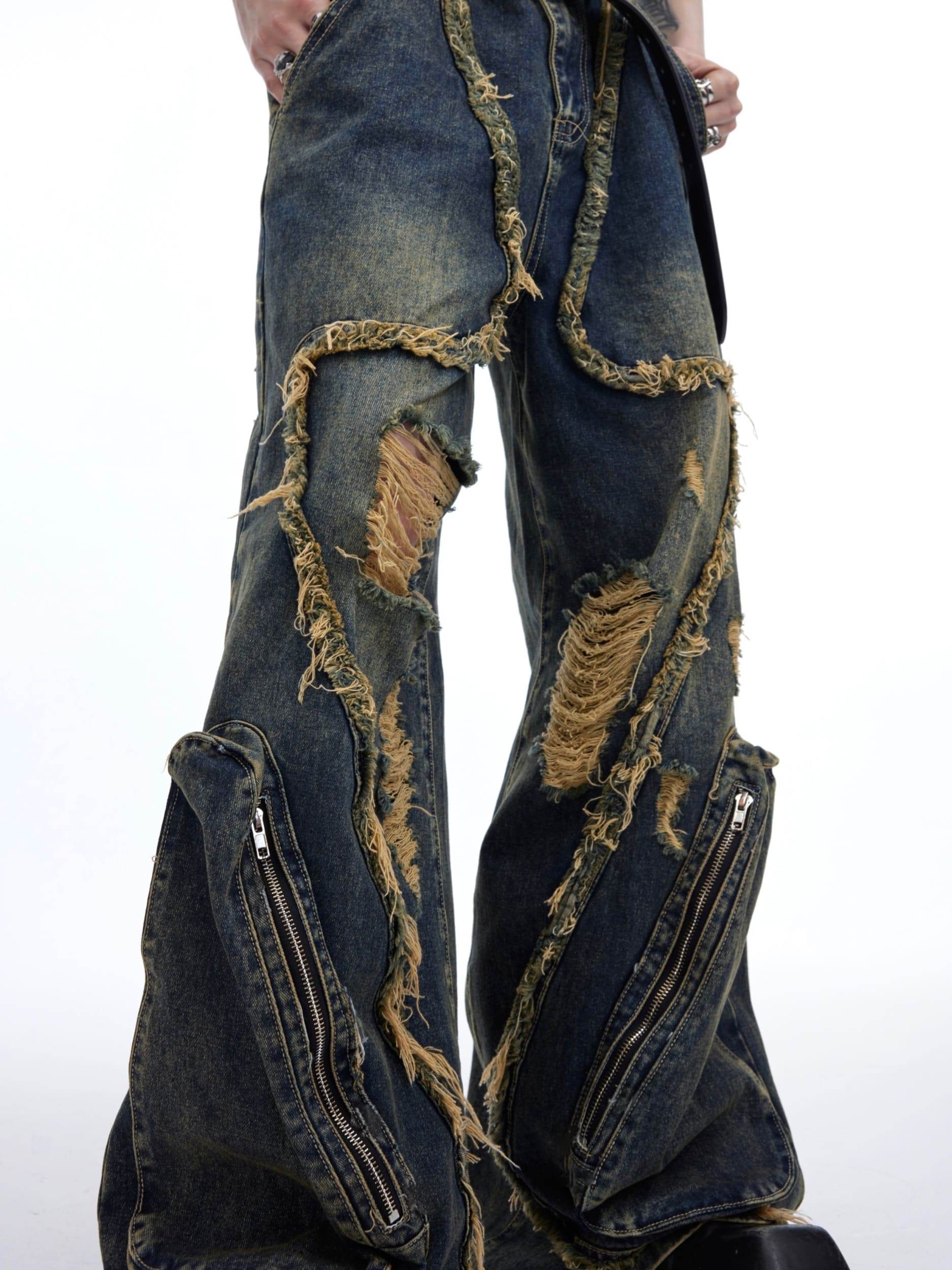 Retro Distressed Heavy Niche Deconstruction Tasseled Jeans MuddyStock