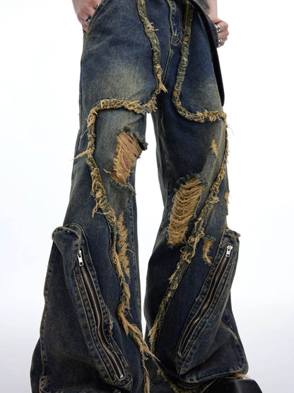 Retro Distressed Heavy Niche Deconstruction Tasseled Jeans MuddyStock