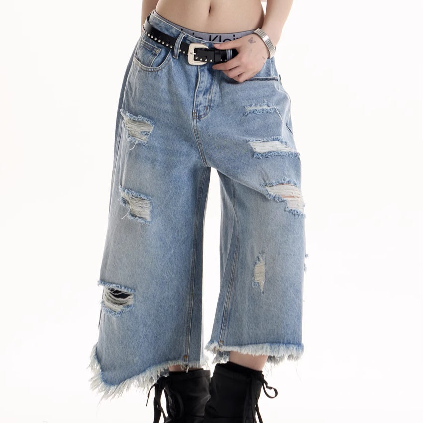 American Retro Ripped Design Cropped Pants For Women