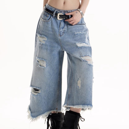 American Retro Ripped Design Cropped Pants For Women