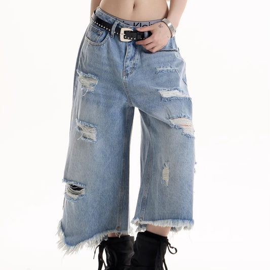 American Retro Ripped Design Cropped Pants For Women