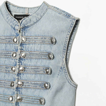 Knot button up stand up collar denim vest for women | MuddyStock Originals