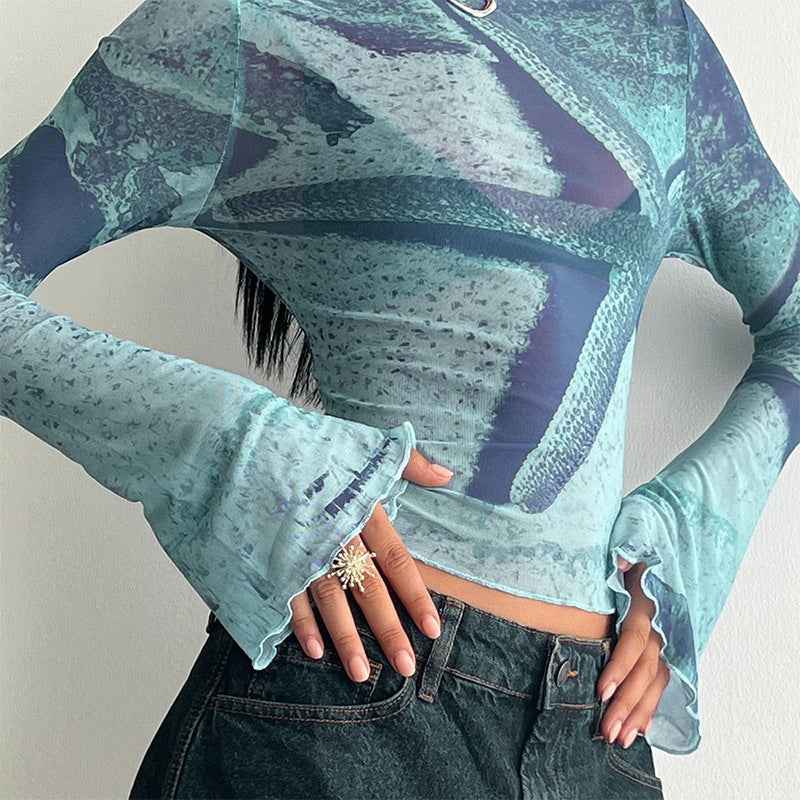 Abstract printed flared sleeve short top for women | MuddyStock Originals