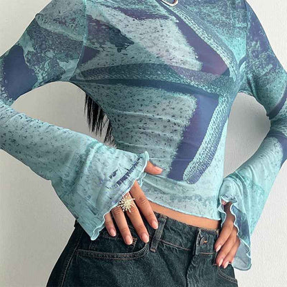 Abstract printed flared sleeve short top for women | MuddyStock Originals