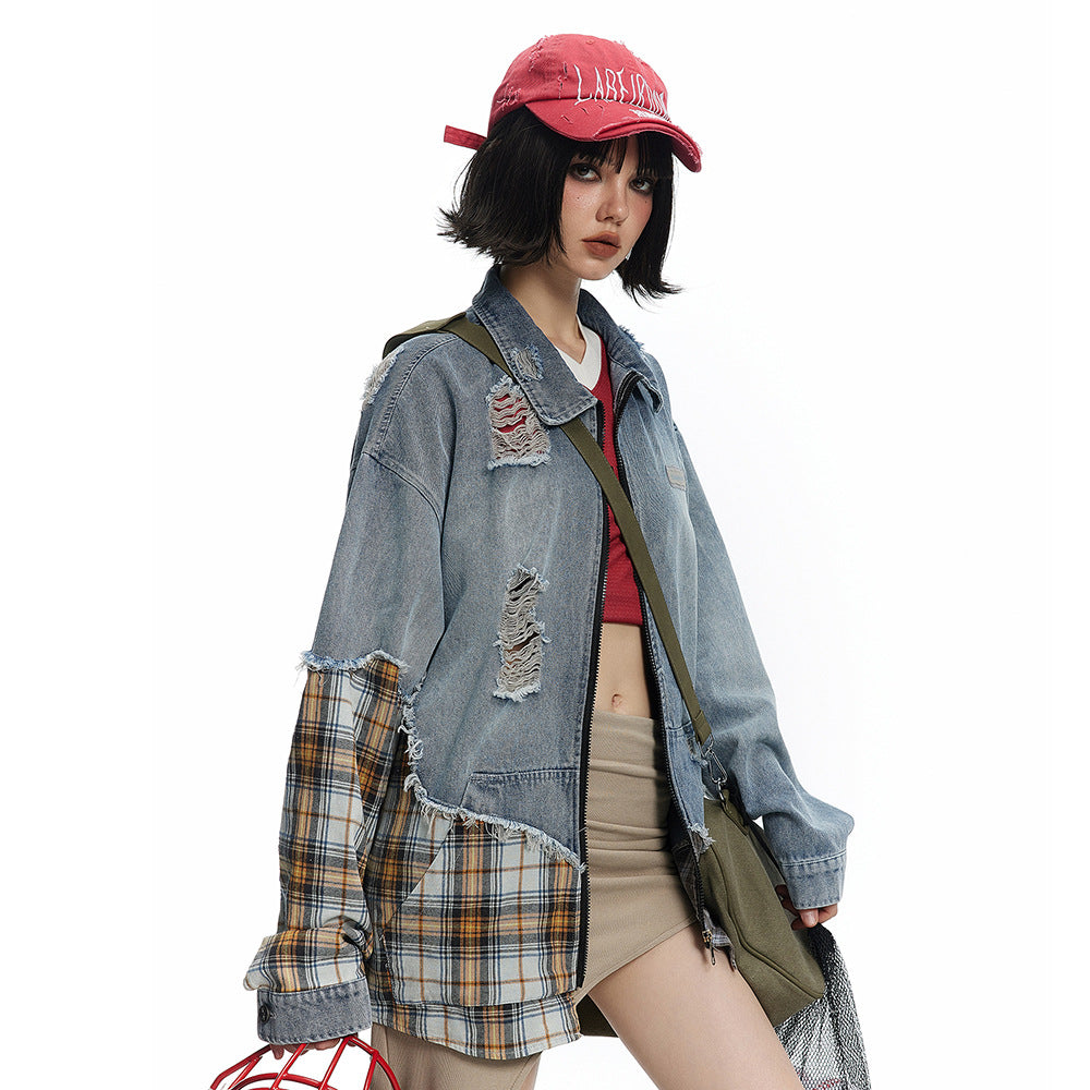 Irregular Stitching Plaid Denim Jacket For Women MuddyStock null