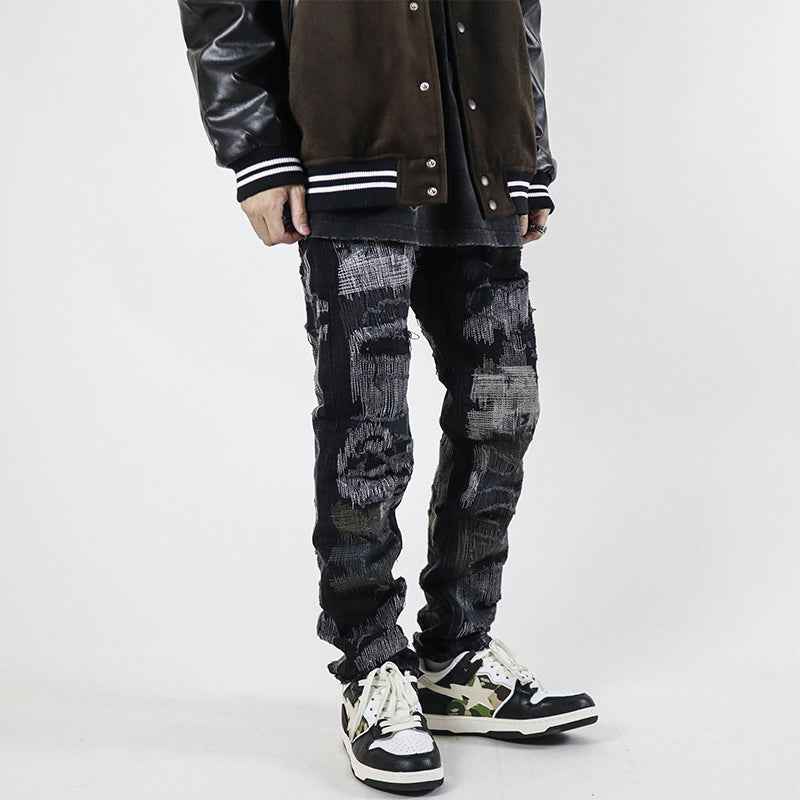 High Street Retro Washed Straight Hole Blasted Street Jeans For Men