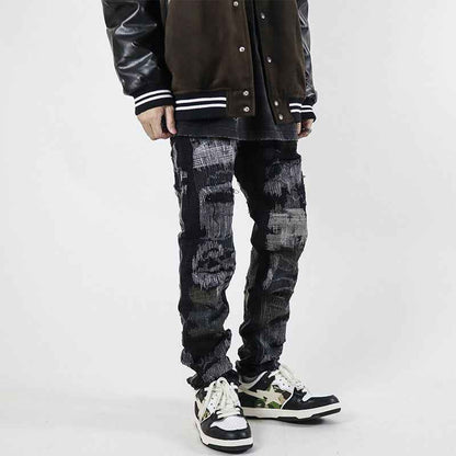 High Street Retro Washed Straight Hole Blasted Street Jeans For Men