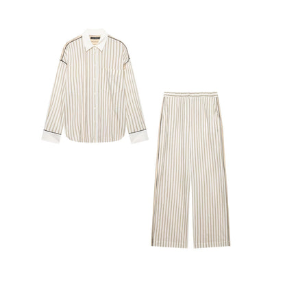 Color blocking lapel striped shirt+pants set Striped Set