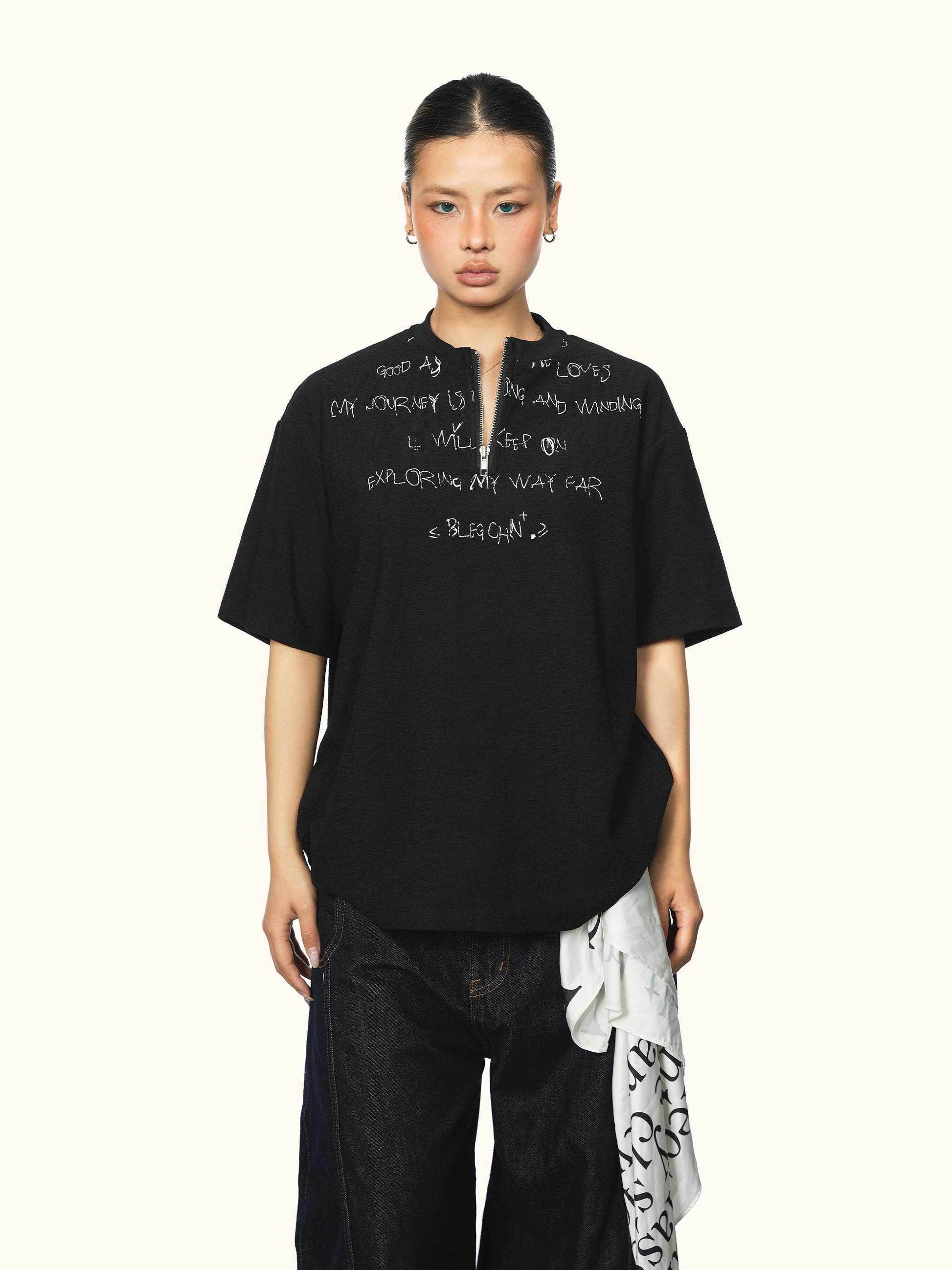 Women's Same Style American Letter Print Half Zipper Short Sleeve Black MuddyStock