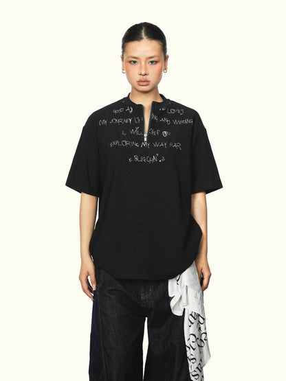 Women's Same Style American Letter Print Half Zipper Short Sleeve Black MuddyStock
