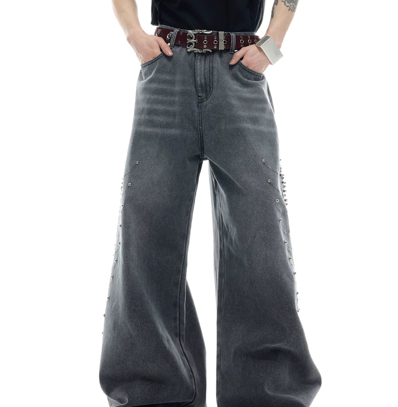 Niche Retro Washed Backbone Rivet Design Jeans For Men