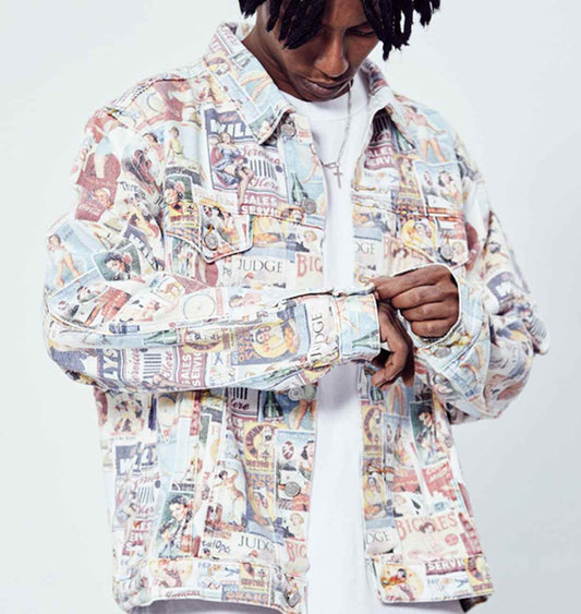 Hip Hop Washed Vintage Poster Cowboy Loose Coat For Men MuddyStock
