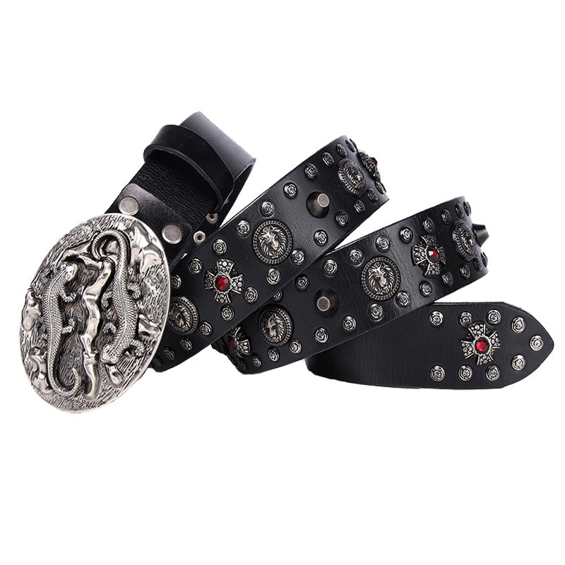 Punk Rivet Men's Leather Belt Retro Black