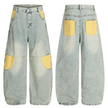 Men's Retro Plaid Patchwork Bootcut Jeans All Products