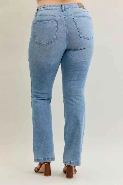 Judy Blue Full Size Mid Rise Bootcut Jeans with Contrast Wash & Front Patch Pockets For Women Trendsi