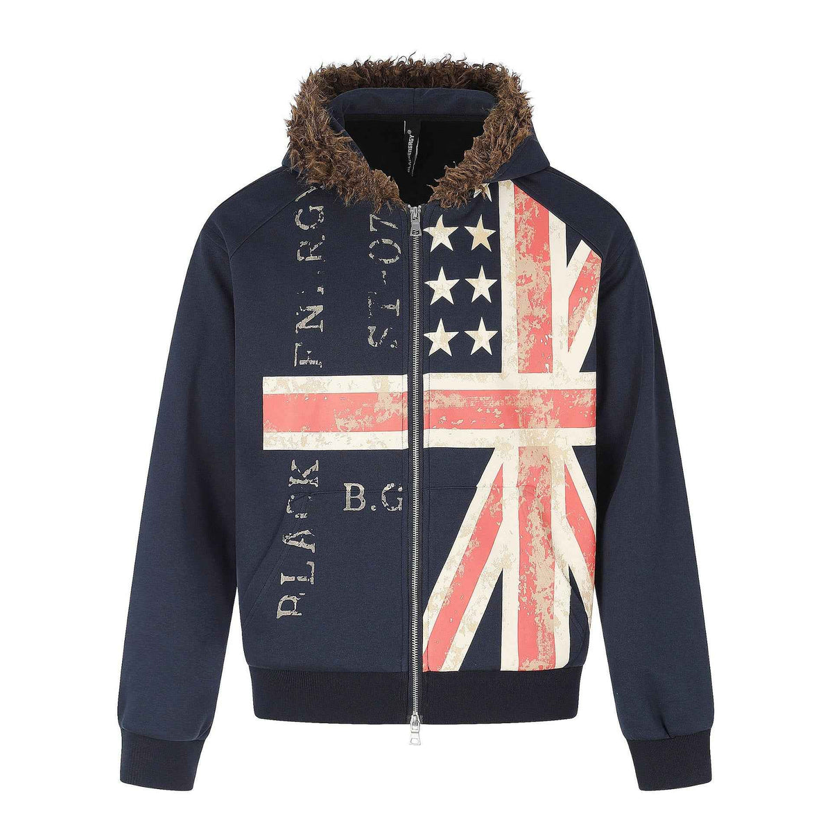 Distressed Printed Loose Fur-Collar Zip-Up Hoodie For Men And Women | MuddyStock Originals