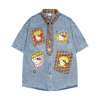 Retro Cartoon Patchwork Plaid Short Sleeve Shirt For Women | MuddyStock Originals Blue eprolo
