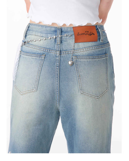 High Waist Bow Patch Wide Leg Straight Jeans For Women MuddyStock