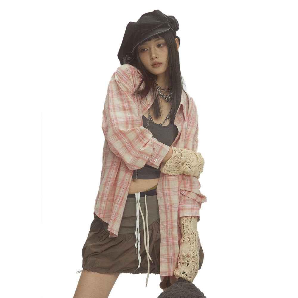 Irregular Pocket Loose Plaid Shirt For Women null