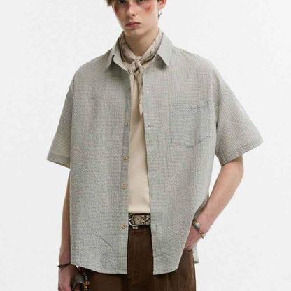 Seersucker Lapel Plaid Shirt For Men null