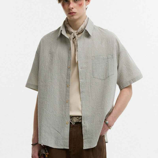 Seersucker Lapel Plaid Shirt For Men null