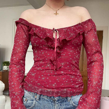 Jacquard square neck floral ruffle top for women | MuddyStock Originals MuddyStock