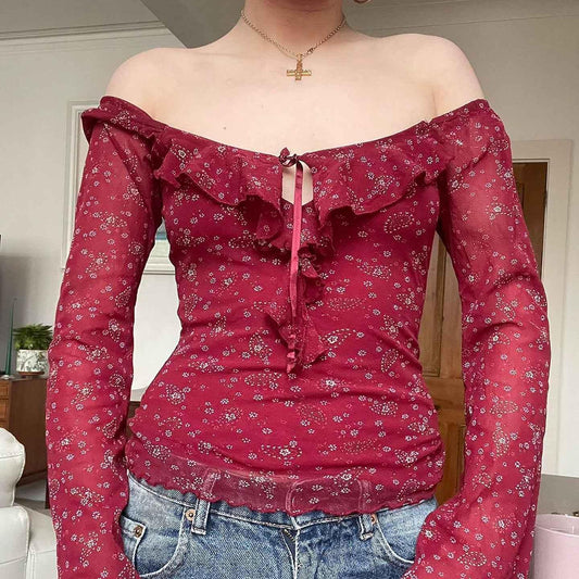 Jacquard square neck floral ruffle top for women | MuddyStock Originals