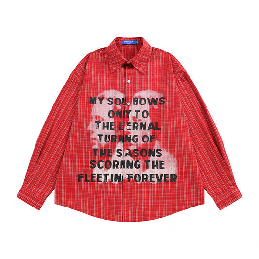 Men's Loose Fit Hip Hop Casual Long Sleeve Turn-down Collar Shirt with Dark Portrait Plaid Print