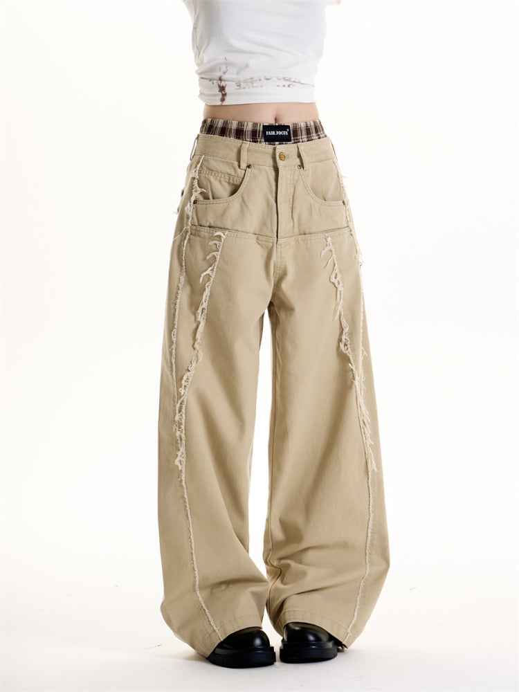 American Retro Style Deconstructive Design Jeans For Women Khaki