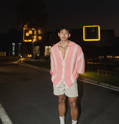 Loose casual lapel thin hollow knit shirt for men | MuddyStock Originals Pink MuddyStock