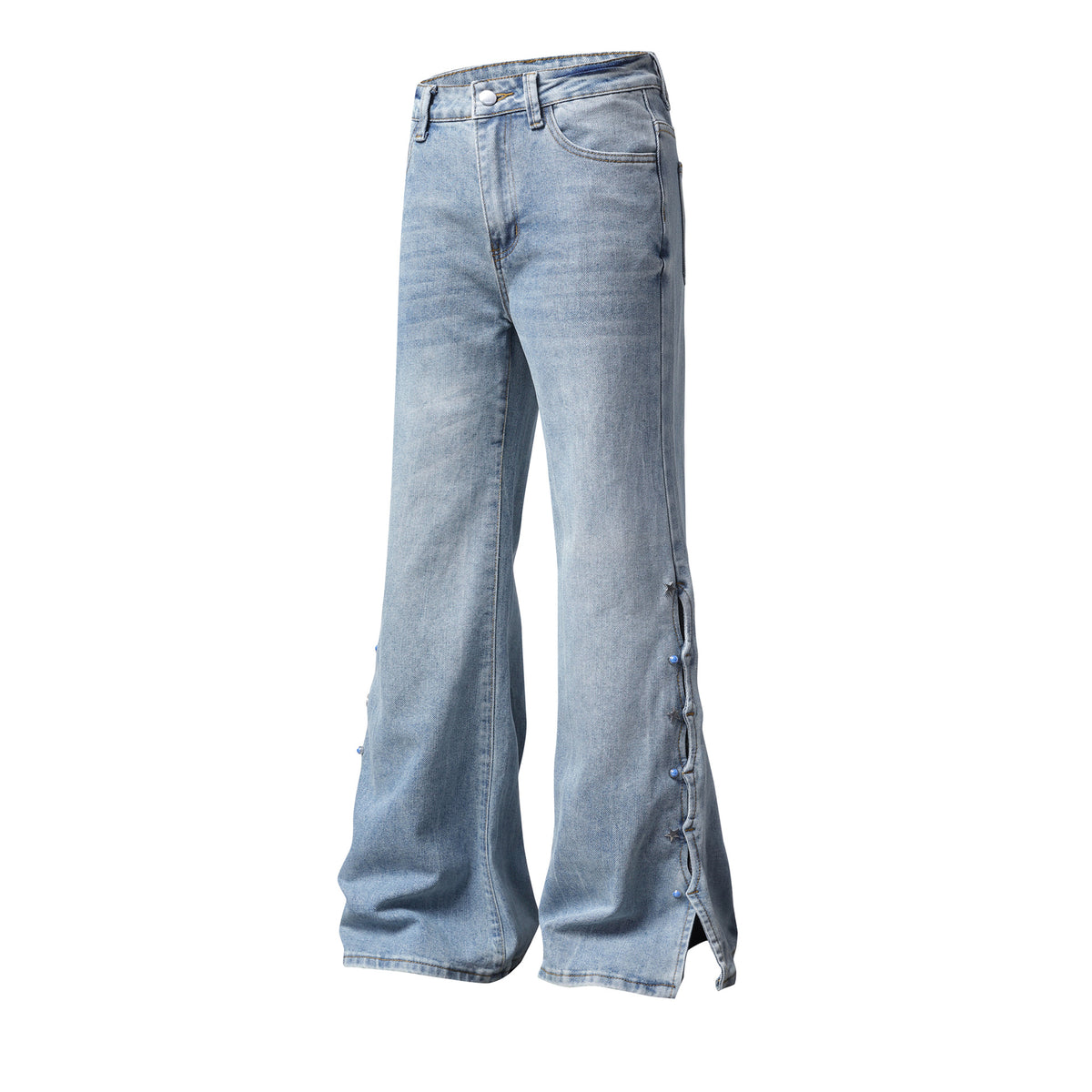 Light Blue Washed Micro Flare Jeans with Star Button Side Slit Hem | MuddyStock Originals