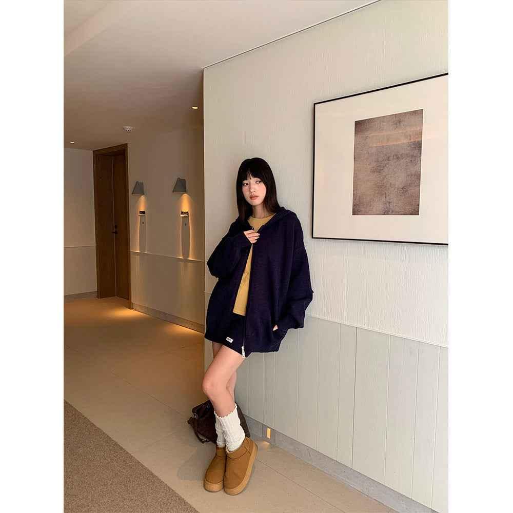 Casual Knitted Set with Long Sleeve Cardigan and Shorts for Women | MuddyStock Originals Blue One Size