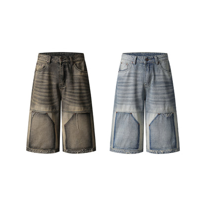Washed Spliced Frayed Cuffed Jeans Unisex Cool Loose Casual Personality Trendy Shorts